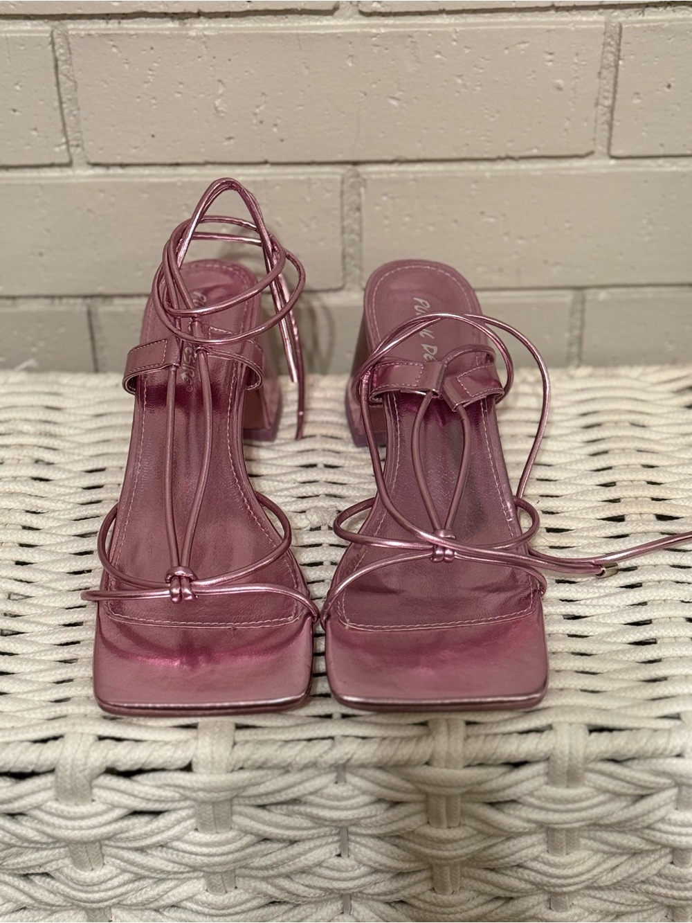 Public Desire Alona Pink Metallic Lace-Up Block Heeled Sandals